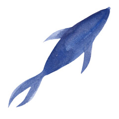 Watercolor drawing blue fish isolated on white background. Silhouette, seafood, underwater world, sea.