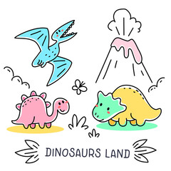 Vector set of illustration of cute color different dinosaur character and volcano on white background.