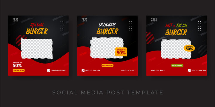 Burger menu promotion social media banner template. Red and black background design.