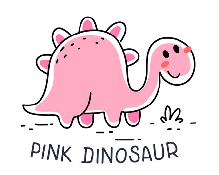 Vector illustration of cute happy pink color dinosaur character on white background.