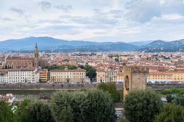 Fototapeta na wymiar Panorama of the city of Florence with a tower, houses, churches and mountains on the horizon