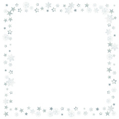 Fototapeta premium Silver Christmas snow ant stars frame. Winter snowflakes subtle background on white, greeting card. New Year Holidays subtle backdrop. Noel decoration, Vector illustration