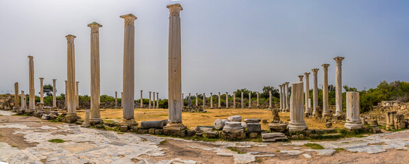 Fototapeta na wymiar Panorama view of the colonnaded Palaestra of the gymnasium at the ancient Roman city of Salamis near Famagusta, Northern Cyprus