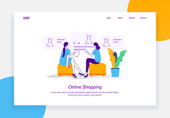 Obraz na płótnie Canvas Modern e-commerce illustration concept of two women are choosing dress from catalog online shopping for landing page template