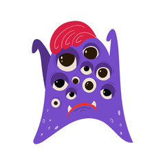 Funny purple monster in cartoon style. Children's illustration with cute characters isolated on white background. Vector