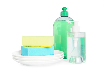Detergents, plates and sponges on light background. Clean dishes