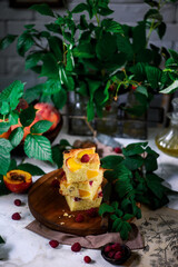 Peach raspberry olive oil cake. rustic photo