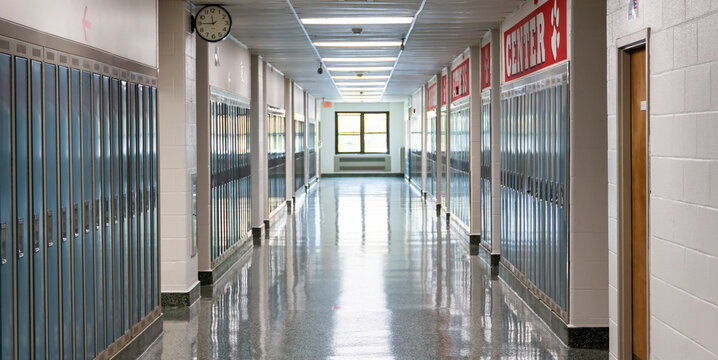 Empty high school hallway waiting for students to return