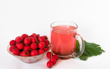 Fresh hawthorn berries in a plate, hawthorn tea, next to many green leaves on a white background. Health concept, healthy heart. Copy space. View from above
