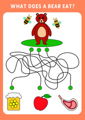 What does a bear eat? Labyrinth for children. Educational game for children. Activities for preschoolers and toddlers. Educational and logical game for children. Illustration.