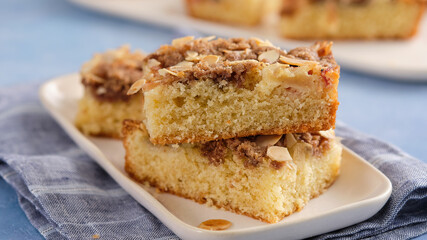 Piece of apple pie with almonds. Copy space.