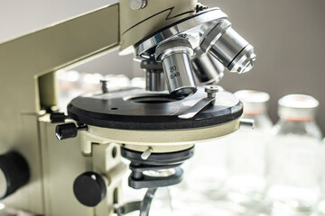 Close-up microscope in a medical office. Healthcare concept.