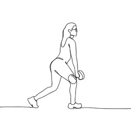 A beautiful young girl with her back to the viewer does exercises with dumbbells. Squats with extra weight. Exercises for the buttocks. Fitness model goes in for sports. Line art illustration.