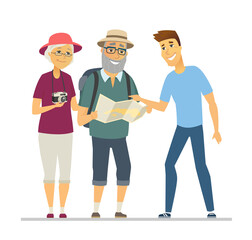 Volunteer showing senior tourists the way - flat design style illustration