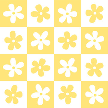 Yellow & White Flower Seamless Pattern with Caro Background