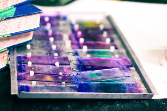stained glass slides of peripheral blood smear with violet leishman giemsa stain in hematology pathology laboratory