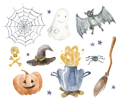 Watercolor set of elements for halloween party: ghost, pumpkin, hat, broom, cauldron, bat. Hand-drawn illustration isolated on the white background.