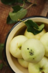 Delicious green apples with leaves on the table