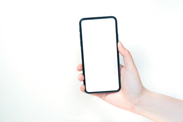 contactless in new normal concept from woman hand hold and smart phone with white isolated background