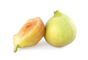 Whole and cut tasty green figs isolated on white