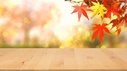 Naklejka na ściany i meble wooden tabletop with fall and autumn season design with red maple background