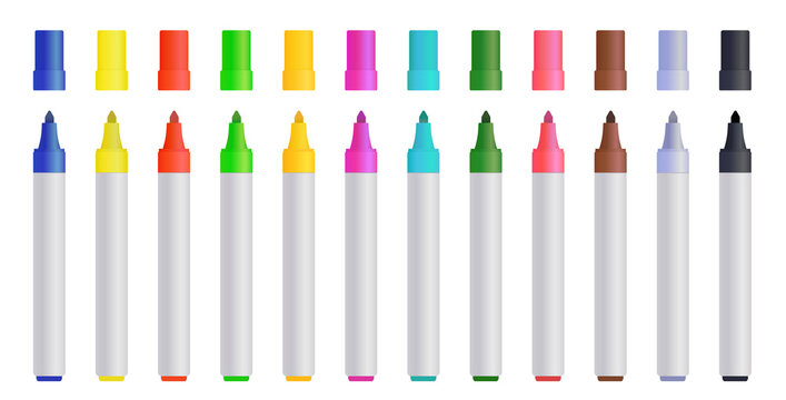 Large set of colorful marker pens with lids above in the colors of the rainbow or spectrum isolated on white, colored vector illustration