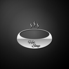 Silver Bowl of hot soup icon isolated on black background. Long shadow style. Vector.