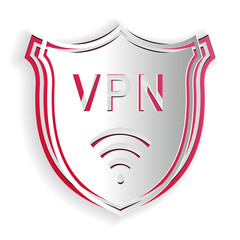 Naklejka premium Paper cut Shield with VPN and WiFi wireless internet network icon isolated on white background. VPN protect safety. Virtual private network for security. Paper art style. Vector.
