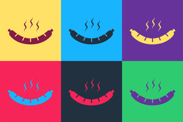 Pop art Sausage with steam icon isolated on color background. Grilled sausage and aroma sign. Vector.