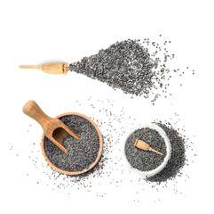 Collage with poppy seeds and dry pods on white background, top view