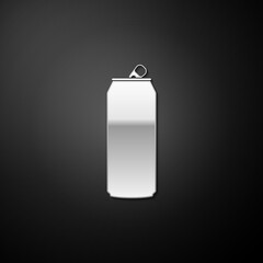 Silver Aluminum can icon isolated on black background. Long shadow style. Vector.