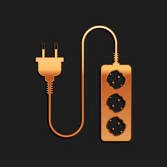 Gold Electric extension cord icon isolated on black background. Power plug socket. Long shadow style. Vector.
