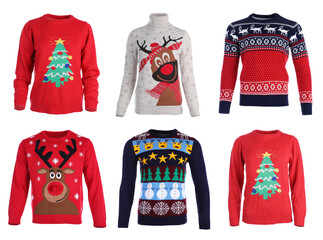 Set of Christmas sweaters on white background