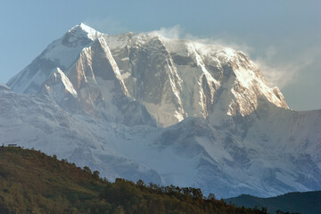 The snow covered mountain peak of Annapurna in the Himalayan town of Pokhara in Nepal.