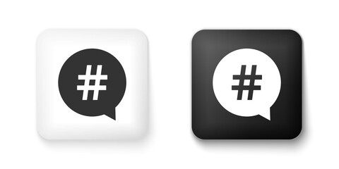 Black and white Hashtag in circle icon isolated on white background. Social media symbol, concept of number sign, social media, micro blogging pr popularity. Square button. Vector.