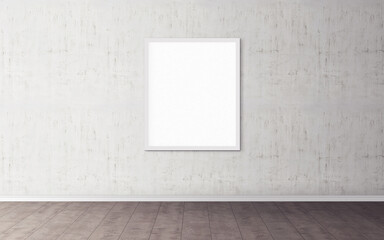 White poster with white frame on wall. Mockup for you design preview. Layout concept.