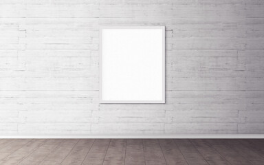 White poster with white frame on wall. Mockup for you design preview. Layout concept.