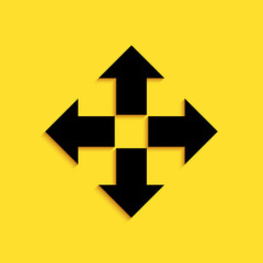 Black Arrows in four directions icon isolated on yellow background. Long shadow style. Vector.