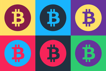 Pop art Cryptocurrency coin Bitcoin icon isolated on color background. Physical bit coin. Digital currency. Blockchain based secure crypto currency. Vector.