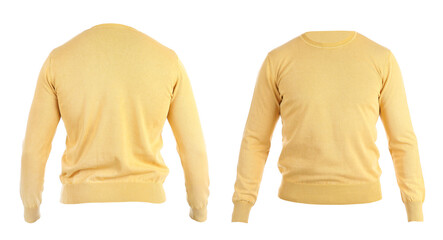 Stylish warm yellow sweater isolated on white, back and front