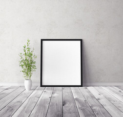White vertical empty poster with frame standing on floor. Mockup template for you design preview.