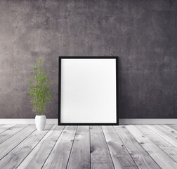 White vertical empty poster with frame standing on floor. Mockup template for you design preview.