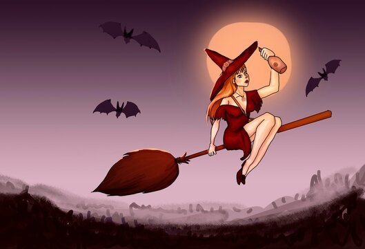 Red witch flies on a broomstick. Against the backdrop of a full moon and bats. In the hands of the potion. Illustration for Halloween.
