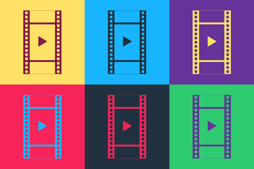 Pop art Play Video icon isolated on color background. Film strip with play sign. Vector.