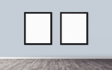 Two posters with black frame on wall. Mock up for you design preview. Good use for advertasing materials.