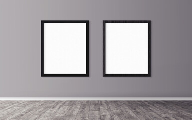 Two posters with black frame on wall. Mock up for you design preview. Good use for advertasing materials.