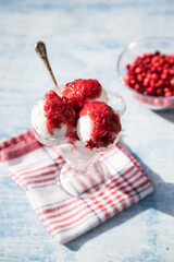 Glass creamer with ice cream balls and jam from red cranberries on a red napkin, berries in focus,...