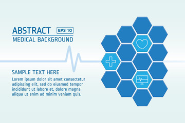 Health and medical background vector. A heartbeat pulse, hexagons, and icons.