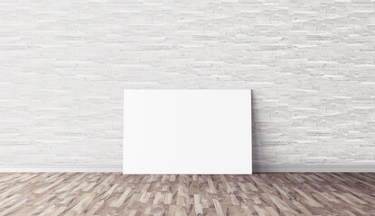 White empty horizontal canvas standing on floor. Blank mockup for you design. Good template for advertasing.