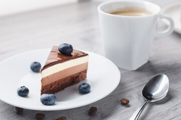 Piece of delicious chocolate cake with triple different colour types of souffle in soft focus. Tiramisu style with white and brown color.